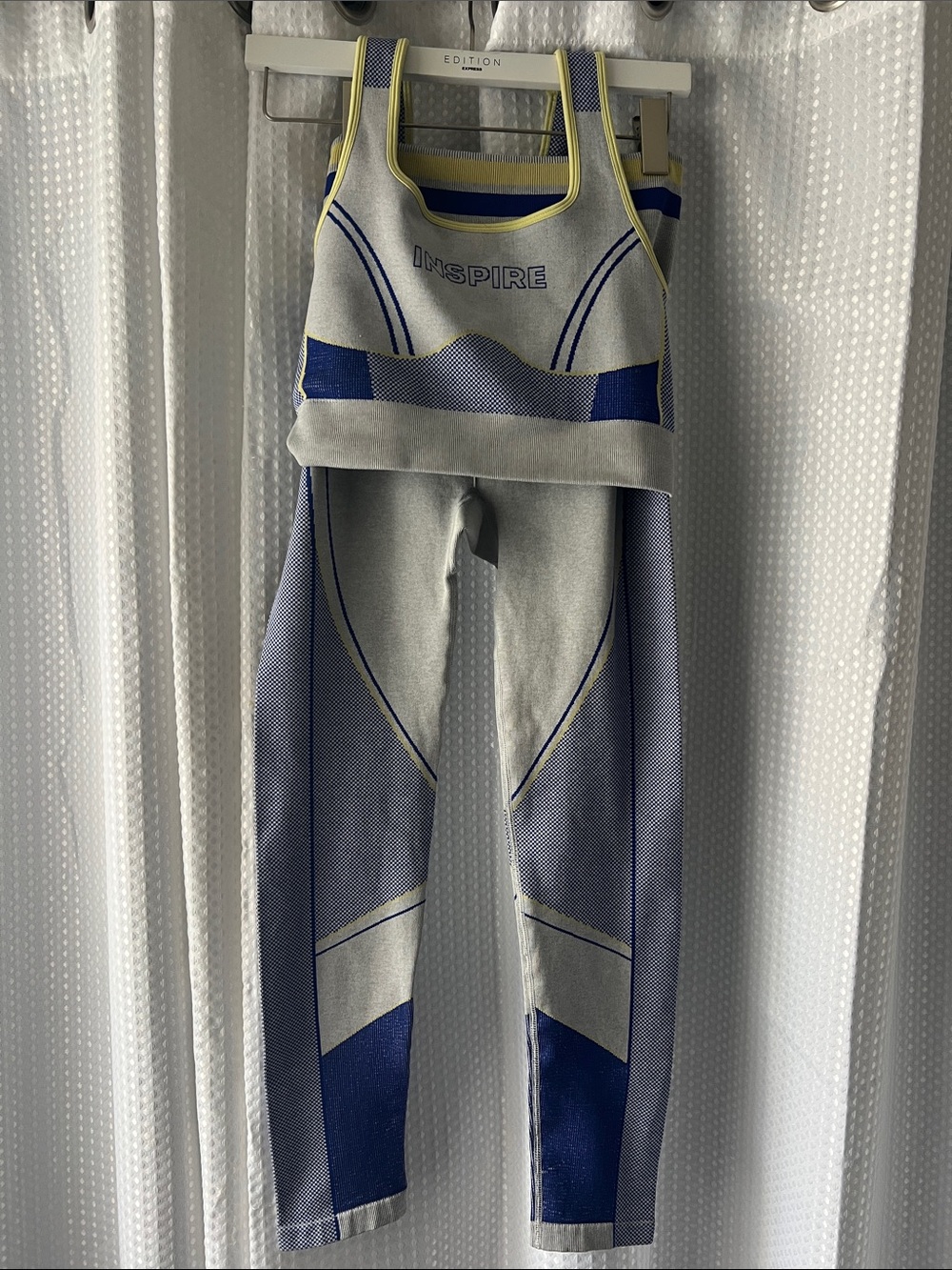 Fabletics Gray, Blue & Yellow INSPIRE Seamless Workout Set